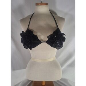 ZARA Black Sequin‎ Flower Halter Bikini Top Size S